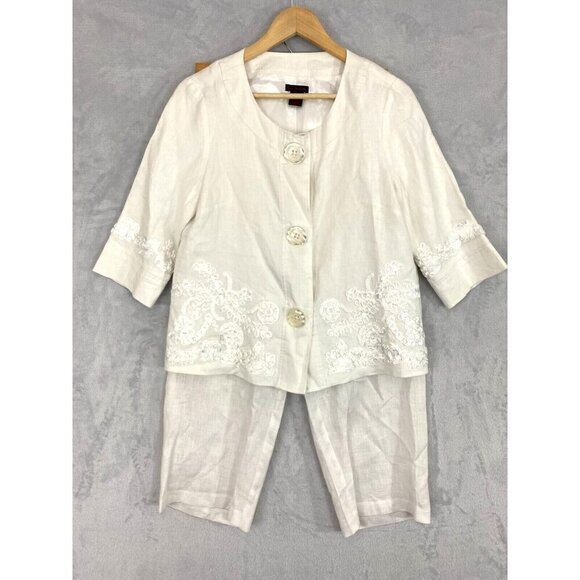 Sara Isabella 100% Linen Pants Blazer Set Small White Shirt Applique Cropped - Picture 1 of 15